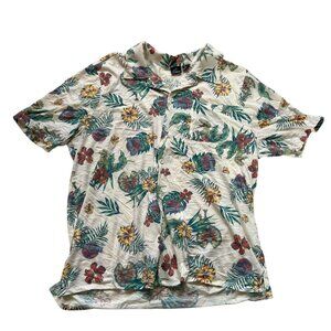 Jurassic Park hawaiian shirt mens XXL 2XL beige green floral dinosaur print